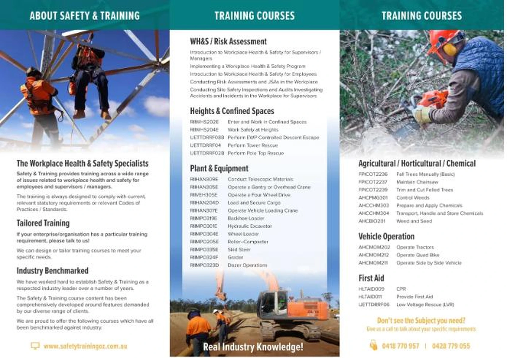 Safety & Training brochure — OHS Management Systems, Compliance Audits, Workplace Competency Assessments, Other Training Courses, Site Safety Advisors & Supervisors